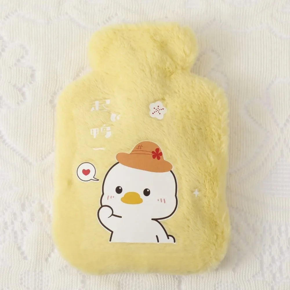 Bouillotte enfant en peluche jaune, motif canard au chapeau orange