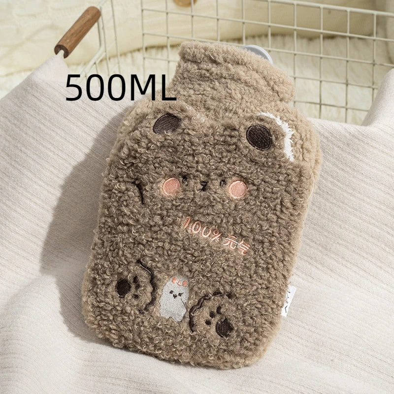 Bouillotte peluche Kawaii ourson en bouclette taupe, 500 ml
