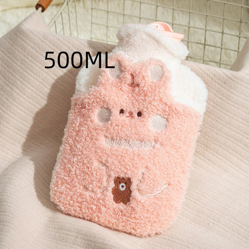 Bouillotte peluche Kawaii ourson en bouclette rose saumon, 500 ml