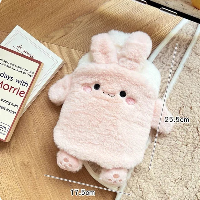 Bouillotte enfant en peluche lapin rose aux longues oreilles, 750 ml
