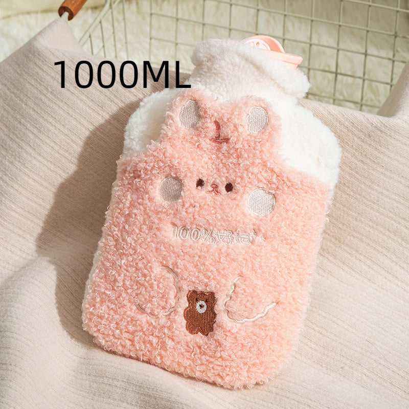 Bouillotte peluche Kawaii ourson en bouclette rose saumon, 1 L