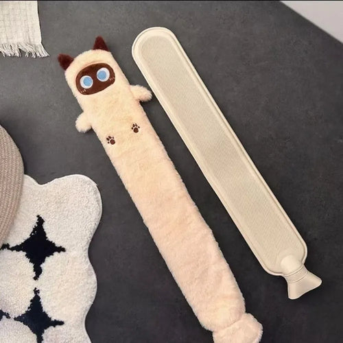 Bouillotte longue peluche chat siamois crème, avec sa bouillotte