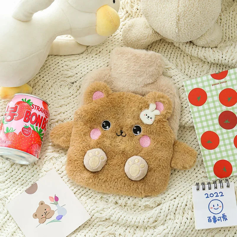 Bouillotte peluche Kawaii nounours brun avec une barrette lapin