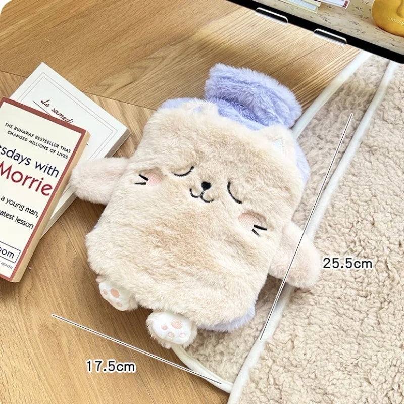 Bouillotte enfant chat beige endormi avec un bonnet de nuit lavande, 750 ml