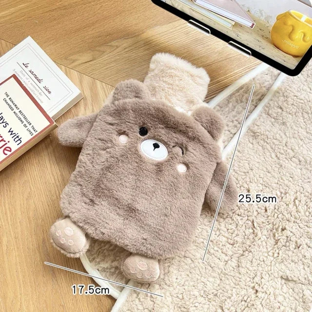 Bouillotte enfant en peluche ourson taupe aux joues roses, 750 ml