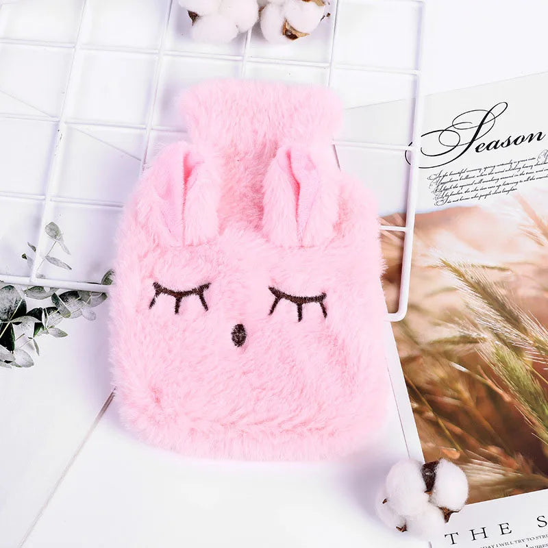 Bouillotte peluche lapin rose, yeux fermés