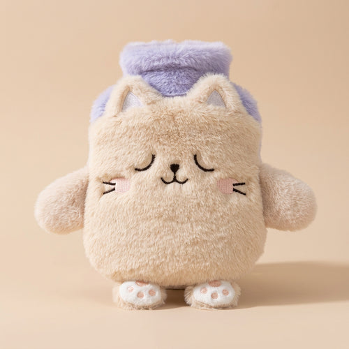 Bouillotte enfant chat beige endormi avec un bonnet de nuit lavande, 400 ml