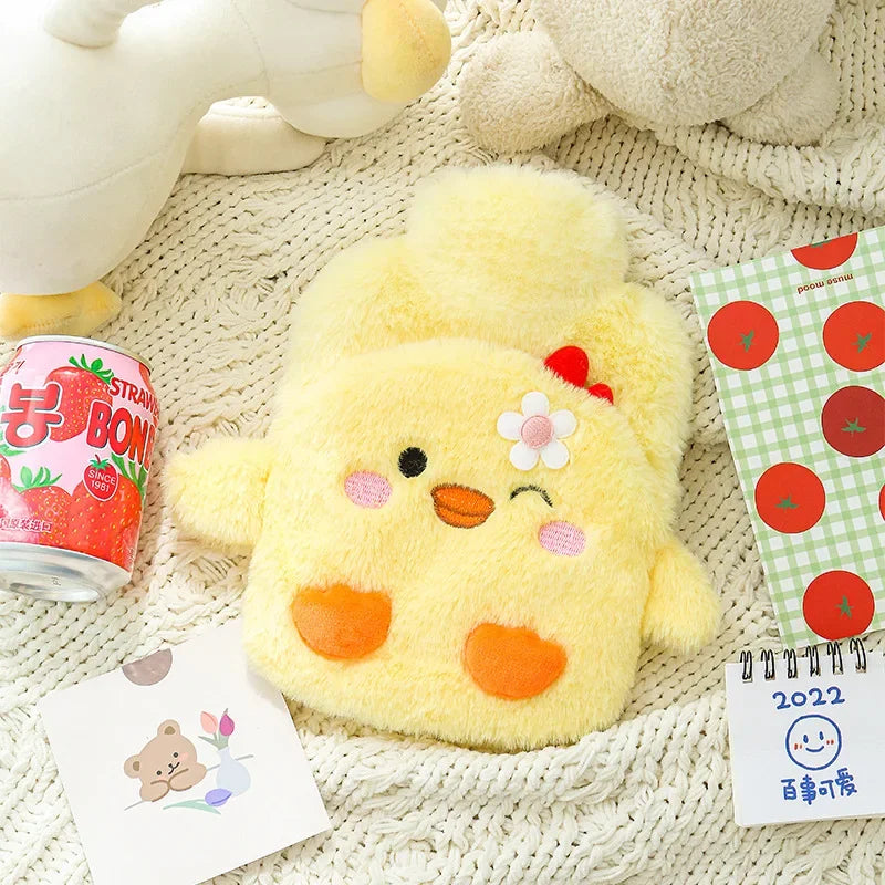 Bouillotte peluche Kawaii poussin jaune avec une fleur sur la tête